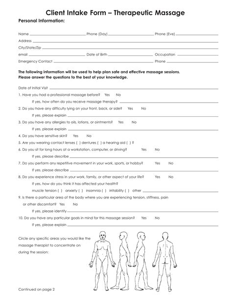 Massage Therapy Intake Forms Templates