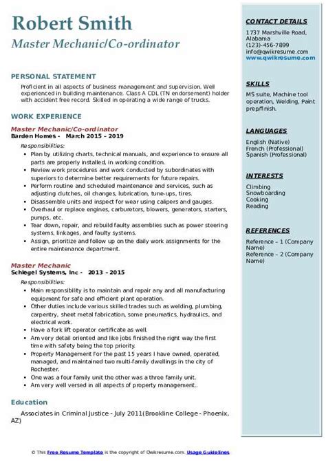 Master Mechanic Resume Samples QwikResume