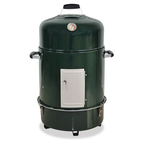 Master forge smoker. Charcoal vertical smoker can also grill, roast or steam. 376-sq in total cooking area. 1-year limited smoker warranty. 2 plated-steel cooking racks offer 50-lbs of cooking capacity. Green smoker allows you to cook in style. Lid locks to bottom bowl for easy transportation. Ensure smoker is at desired heat level with the built-in temperature gauge. 