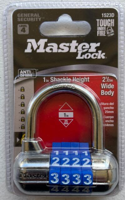 Master lock 1523d instructions. The Master Lock No. 1523D Set Your Own Combination Padlock features a 2-1/2in (64mm) wide metal body for strength and durability. The 1/4in (6mm) diameter shackle is 13/16in (21mm) long and made of hardened steel, offering extra resistance to cutting and sawing. The soft touch dials with 2 grip points provide no-slip grip and keyless convenience. 
