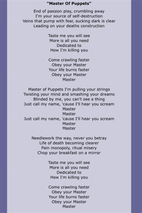 Master of puppets lyrics. Things To Know About Master of puppets lyrics. 