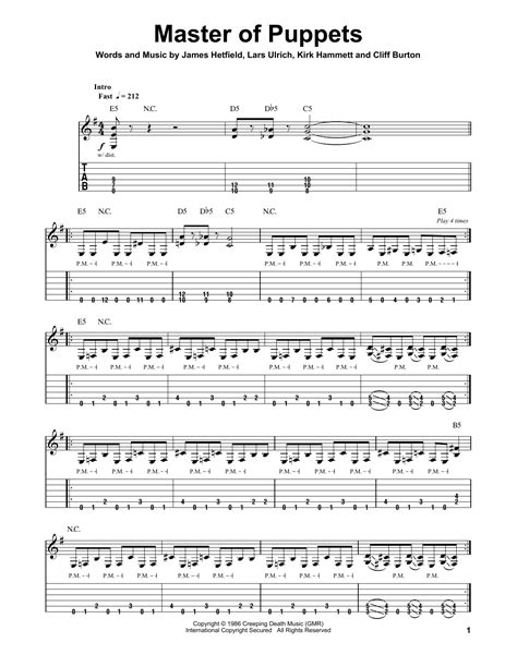 Master of puppets tab. When learning to play the intro to Master Of Puppets, it’s important to take it slow at first. Keeping in mind that this is all done with down strokes with the picking hand. There are a series of chords, but some single notes in rapid succession as well. You can see this in the tablature diagram below. This is repeated 3 times and is quite ... 