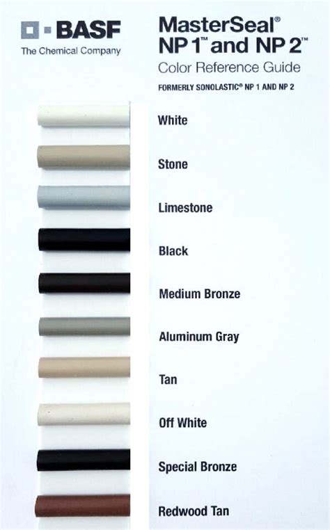 Download the color chart for MasterSeal NP 150, a low-modulus, non-sag, elastomeric, hybrid sealant with superior adhesion and weather resistance. The color chart shows the available colors and their codes for MasterSeal NP 150, a product recommended for exterior or interior joints with high movement, expansion joints, panel walls, and more.. 