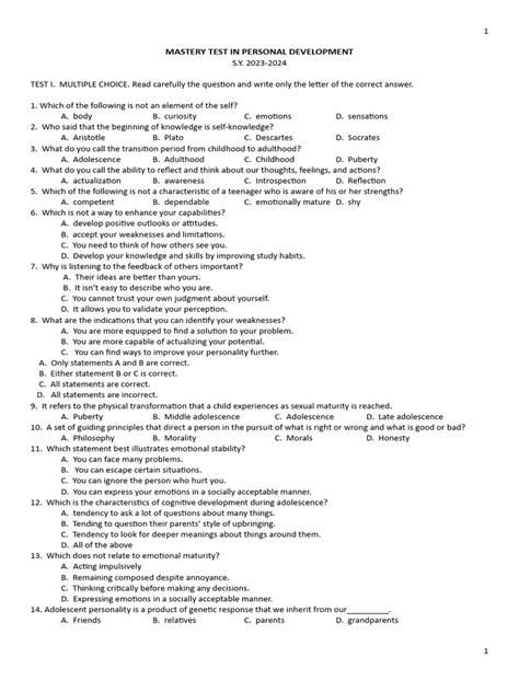 Mastery Test in Personal Development PDF Adolescence Emotions