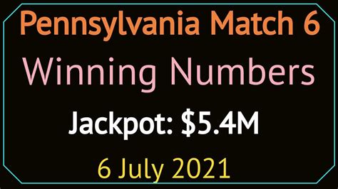 Match 6 winning numbers pa today. Match 6 Lotto is the PA Lottery game with a starting jackpot of $500,000 and lots of ways to win Lottery prizes! The Match 6 Lotto jackpot grows until someone picks the winning Lottery numbers. If more than one person wins the jackpot, the winners will split the Match 6 Lotto jackpot prize. All Match 6 Lotto Lottery prize payments, including ... 