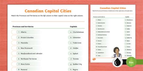 Match Provinces & Capitals Worksheet Canada Capitals Quiz