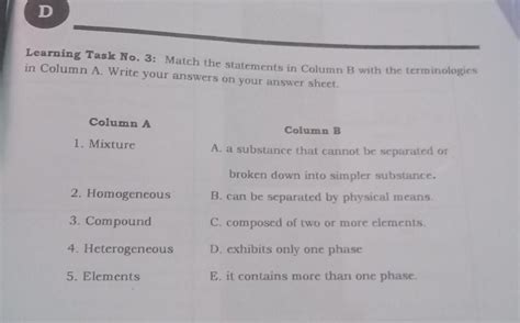 Match the statement in column a with column b with the terminologies.  Column A lists...