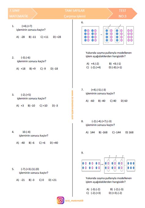Matematik 7 sınıf tam sayılar test pdf