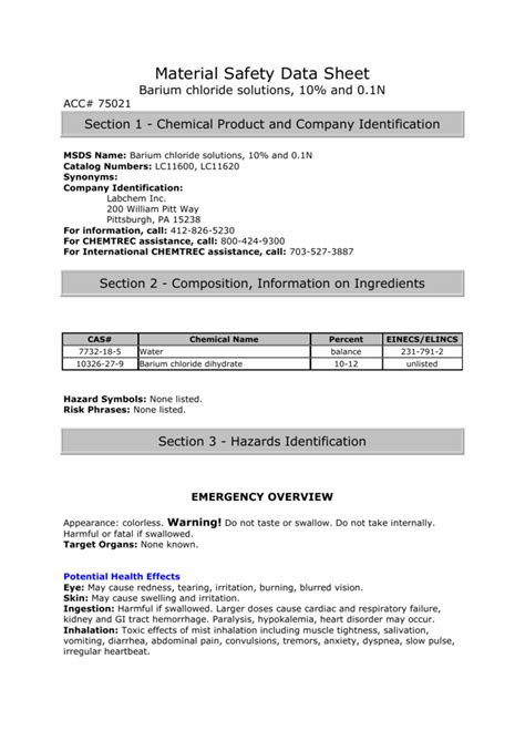 Material Safety Data Sheet Barium chloride solutions, 10 and 0.1N