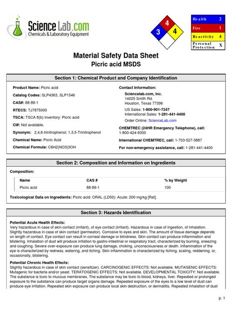Material Safety Data Sheet Picric Acid PDF Explosive Material