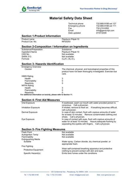 Material Safety Data Sheet Sample Personal Protective Equipment