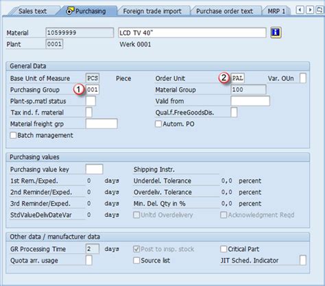 Material master purchasing view table.  Accessibility & Sustainability Syst...