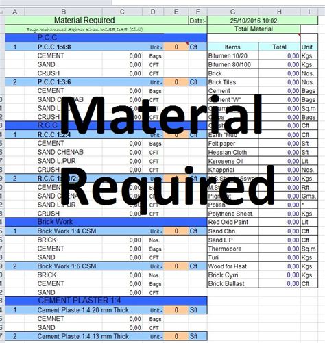Material required in building spreadsheet excel Civil engineering