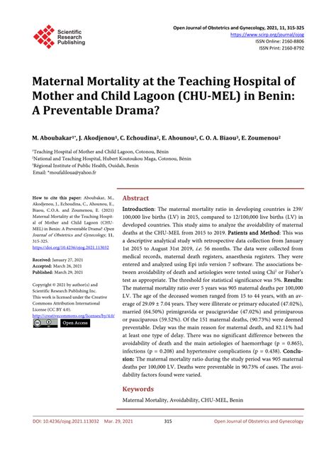 Maternal Mortality at the Teaching Hospital of Mother and Child Lagoon ...