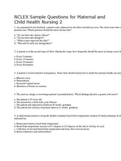 50 Maternal and Child NCLEX Questions - Free download as Word Doc (.doc / .docx), PDF File (.pdf), Text File (.txt) or read online for free. 50 Maternal and Child NCLEX Questions with answers and rationales. 