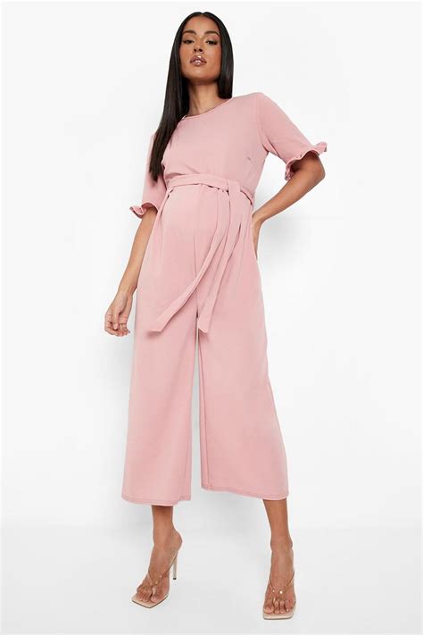 Maternity Tie Waist Ruffle Culotte Jumpsuit boohoo NZ