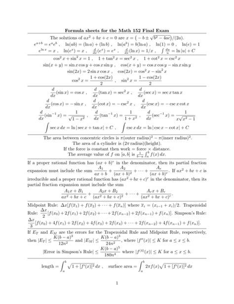 Math 152 Final Exam Formula Sheet Download Printable PDF Templateroller