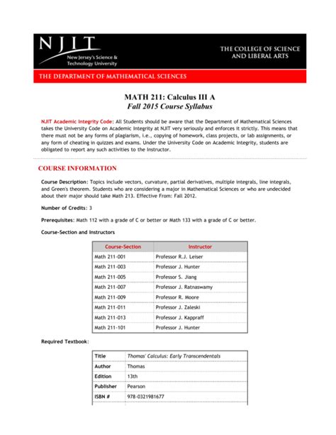 Math 211 njit.  NJIT's MATH 211 Calculus III A syllabus for Fall 2015.  Evaluate t...