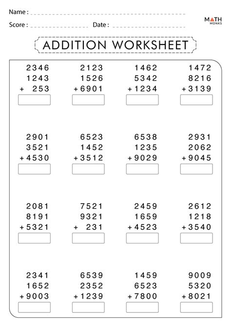 Math Addition Worksheet Collection 4th Grade
