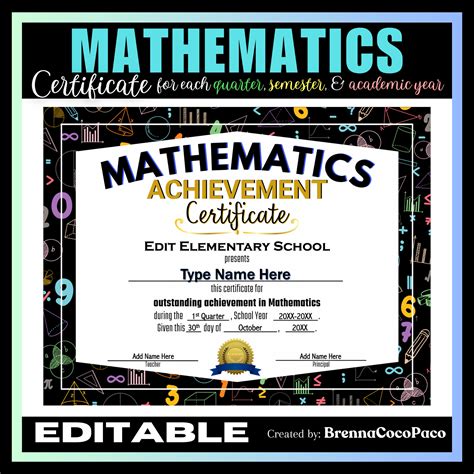 Math Certificate PDF Math Certificate Editable Math Etsy