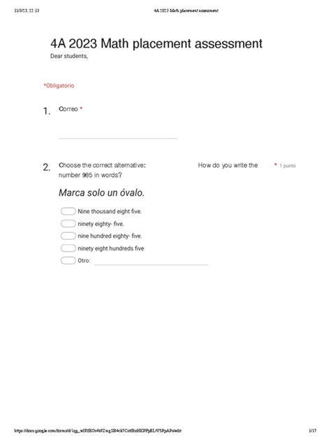 Math Placement Assessment A Document Providing Questions to Assess
