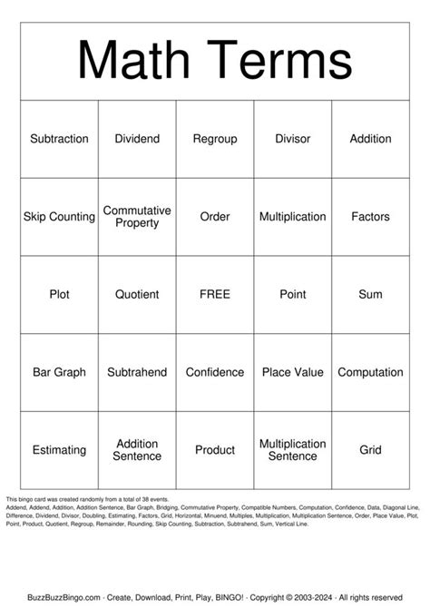 Math Terms Bingo Card