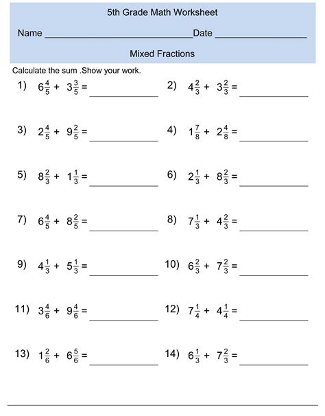Math Worksheet For 5th Grade