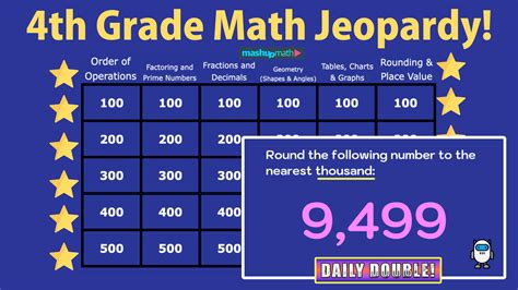 5th Grade Math Jeopardy Template. Vocabulary. Fractions. Geometry. This and That. 100. Add all of the numbers, then dividyou added.e by the amount of numbers l. What is Mean (average) 100. Reduce 27/36. What is 3/4. 100. A triangle must equal.... What is 180 degrees. 100. The number 13 has how mant factors... What is 8. 200. What is a prime number.