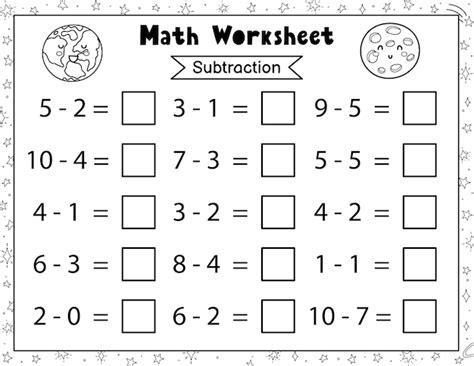 Math worksheet for kids Subtraction Space mathematic activity page