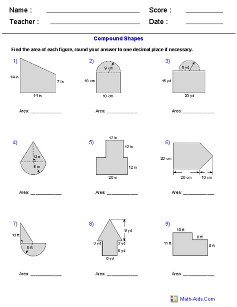 Showing top 8 worksheets in the category - Cmpound Shapes Math Aids Com. Some of the worksheets displayed are Compound shapes work answer key pdf, Volume, Compound shapes work answer key pdf math aids, Area and perimeter of compound shapes, Area and perimeter of compound shapes, Name area grade 6 area work 1, Preview, Compound area problems geometry answer key..