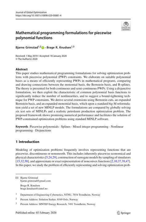 Mathematical Programming Formulations For Piecewise Polynomial Functions Springerlink