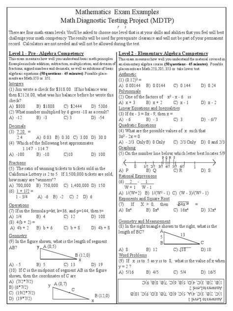 Mathematics Exam Examples Math Diagnostic Testing Project (MDTP) PDF
