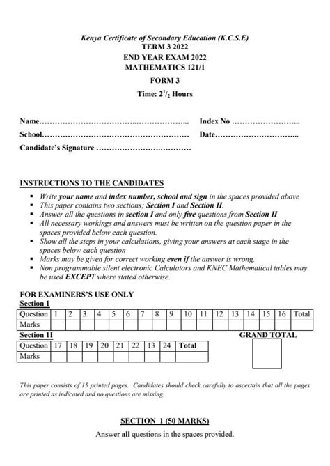 Mathematics Exam Papers Form 3