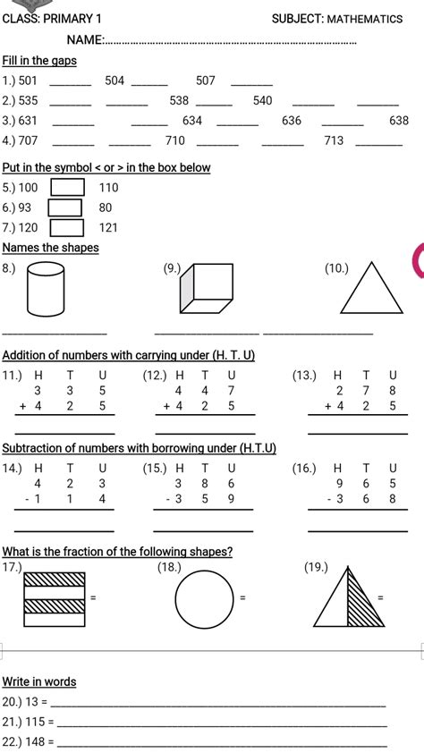 Mathematics exam questions for primary 1 first term with answers. Examination Questions For P...