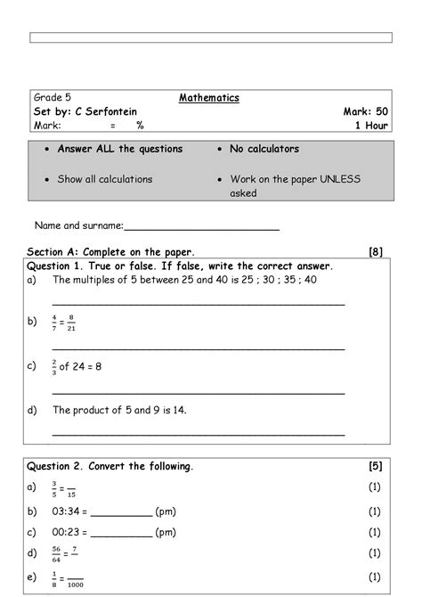 Maths Test Papers Standard 5