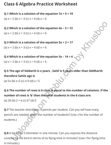 Maths Worksheet For Class 6 With Answers