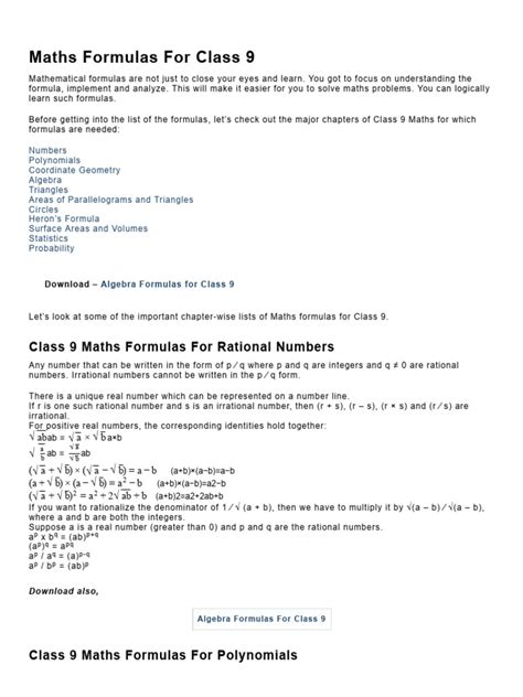 Maths formulas for class 9 algebra.  It is well organized, covers single variable ...