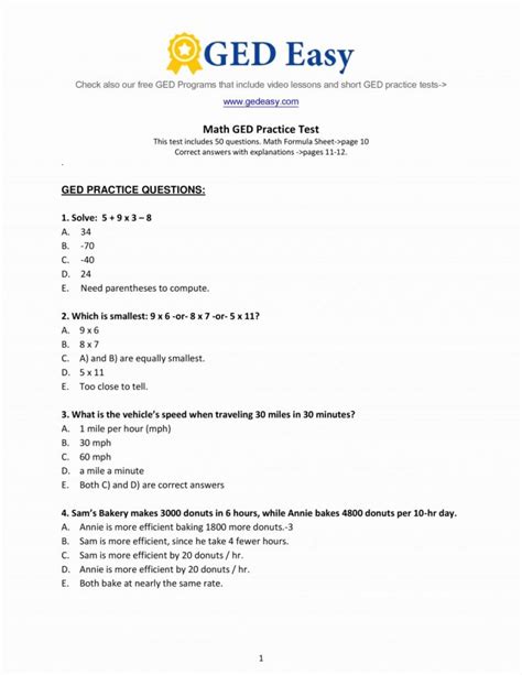 Mathts Printable Ged Practice Test With Answers Unique Best Of To