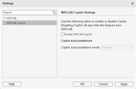 Matlab workspace settings.  Settings take effect immediately and remain persistent MAT...