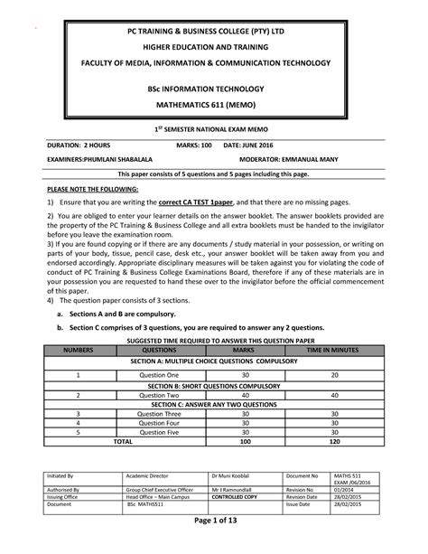 Matm Exam And Memo1 Docsity