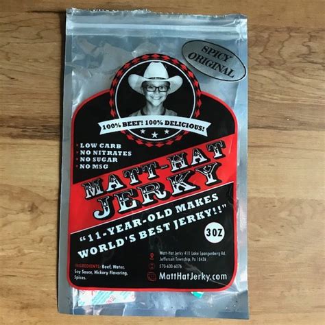 Matt hat jerky. Matt Hat beef jerky is a line of quality artisanal, hand crafted beef jerky, created by a budding entrepreneur in 2017 when he was only 11 years old! Matt used his grandpa’s secret family recipe for beef jerky, and now offers a wide selection of small batch flavors, all made with the freshest natural ingredients. ... 
