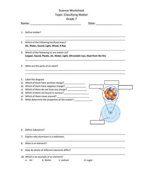 Matter and material - worksheet Grade 7