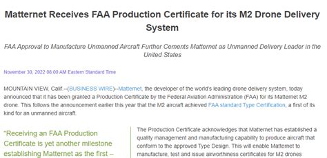 Matternet M2 Drone FAA Production Certificate