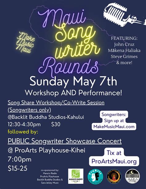 Maui Songwriter Showcase Concert, Sunday May 7th, 7pm