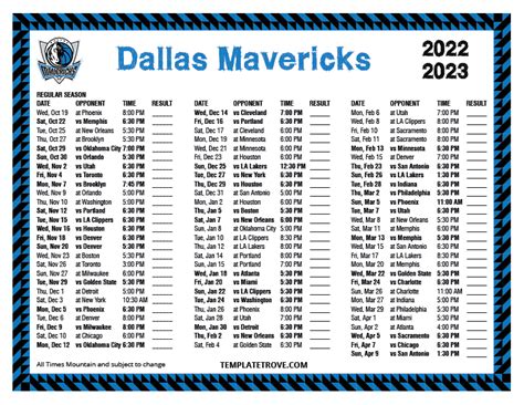 Mavs Printable Schedule