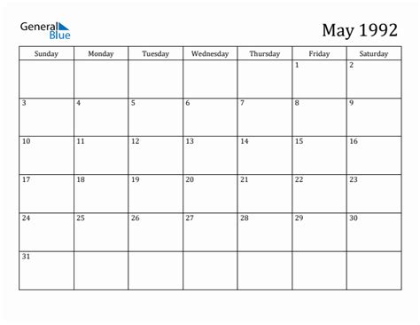 May 1992 Calendar PDF Word Excel