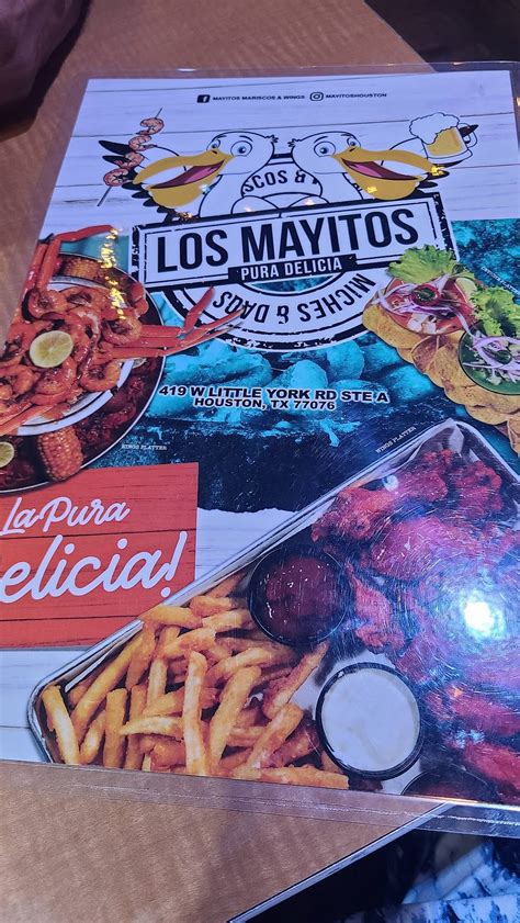 Mayitos mariscos and wings photos. Accepts Cash · Visa · Mastercard · Discover · Credit Cards. Menu photos. La Pura Delicia! - Comida. La Pura Delicia! - Drinks. View the Menu of Mayitos Mariscos & Wings in 419 W Little York Rd Ste A, Houston, TX. Share it with friends or find your next meal. Ricos y jugosos... 
