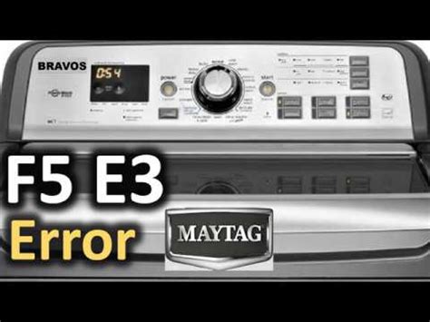 Maytag bravos xl f5 e3 error code. Solution. “LF” on display (Long Fill - no water or insufficient water supply) Press POWER/CANCEL to cancel the cycle. Unplug washer or disconnect power. Plug in washer or reconnect power. Re-select cycle and press START/PAUSE. If the problem remains, call for service. “F9E1” on display (Drain Problem) Press POWER/CANCEL to cancel the cycle. 