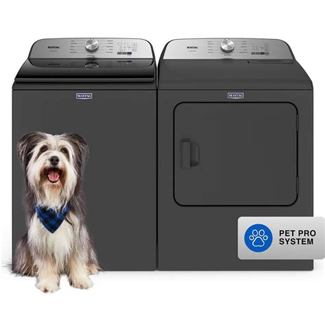 Maytag pet pro washer and dryer. Remove pet hair in the dryer with the Maytag Pet Pro top load gas dryer. The Pet Pro option lifts pet hair off clothes while the XL lint trap removes loads of pet hair. This steam dryer helps prevent wrinkles while Moisture Sensing helps prevent over- and under-drying on every load on this clothes dryer for pet hair. 