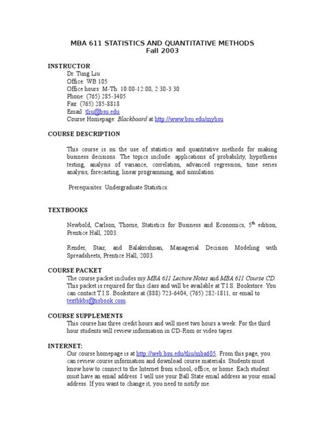 Mba 611 Statistics And Quantitative Methods